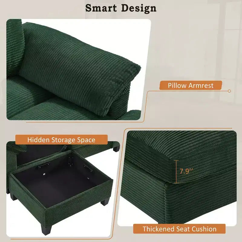 Divano componibile moderno a U da 297 cm – Tessuto a coste, pouf contenitore e portabicchieri, 4 posti