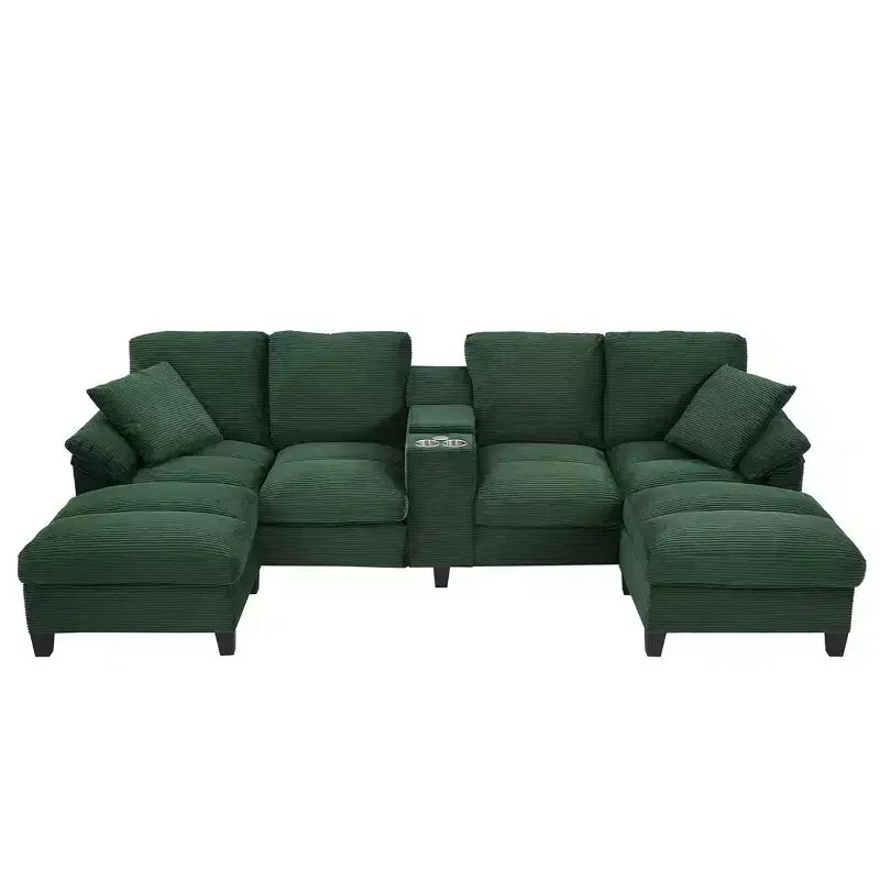 Divano componibile moderno a U da 297 cm – Tessuto a coste, pouf contenitore e portabicchieri, 4 posti