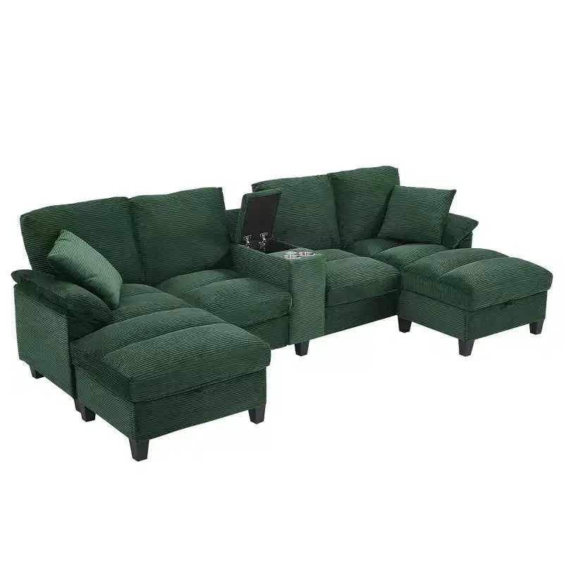 Divano componibile moderno a U da 297 cm – Tessuto a coste, pouf contenitore e portabicchieri, 4 posti