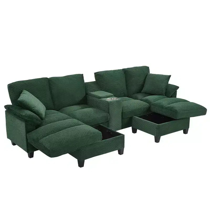 Divano componibile moderno a U da 297 cm – Tessuto a coste, pouf contenitore e portabicchieri, 4 posti