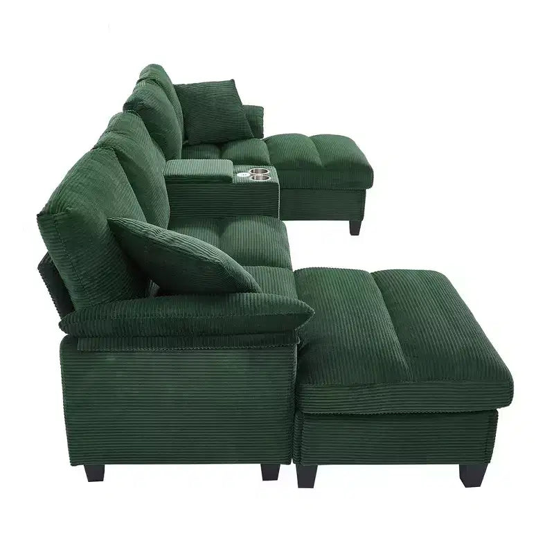 Divano componibile moderno a U da 297 cm – Tessuto a coste, pouf contenitore e portabicchieri, 4 posti