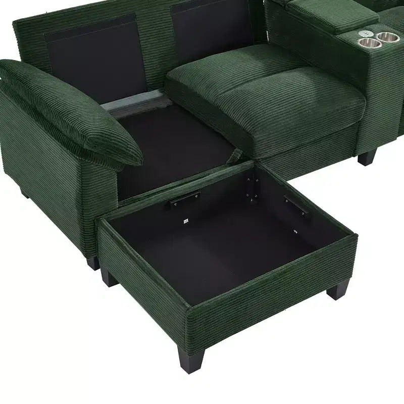 Divano componibile moderno a U da 297 cm – Tessuto a coste, pouf contenitore e portabicchieri, 4 posti