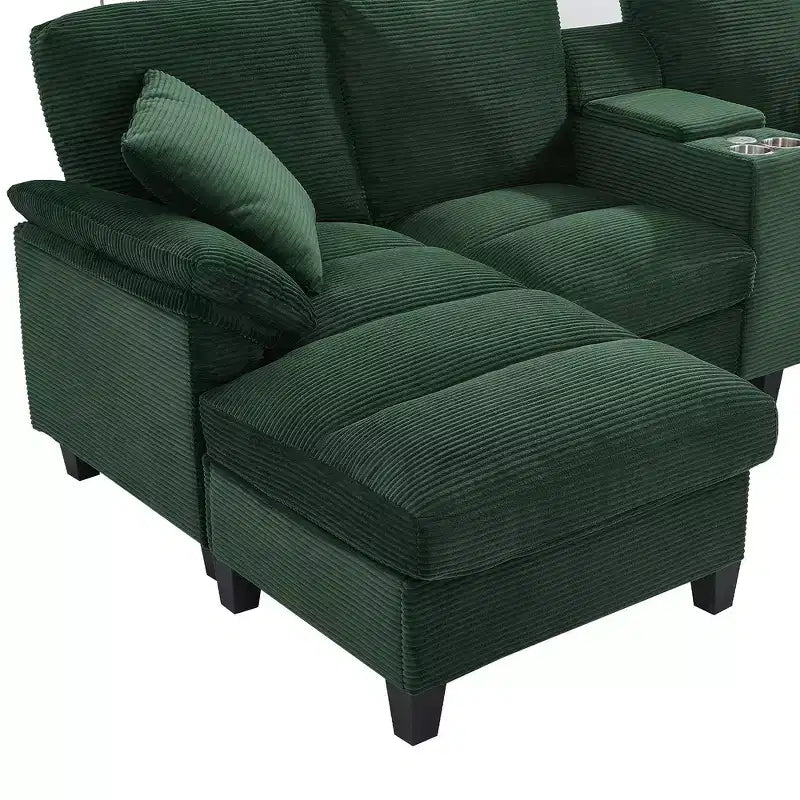 Divano componibile moderno a U da 297 cm – Tessuto a coste, pouf contenitore e portabicchieri, 4 posti