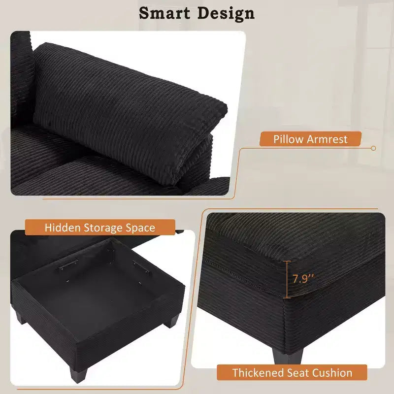 Divano componibile moderno a U da 297 cm – Tessuto a coste, pouf contenitore e portabicchieri, 4 posti