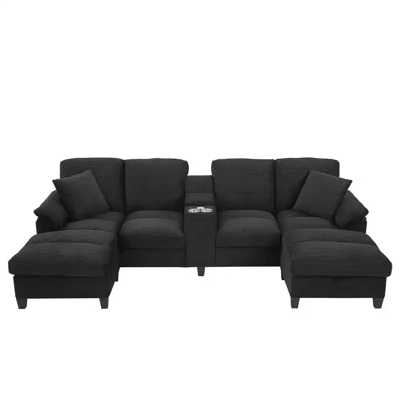 Divano componibile moderno a U da 297 cm – Tessuto a coste, pouf contenitore e portabicchieri, 4 posti