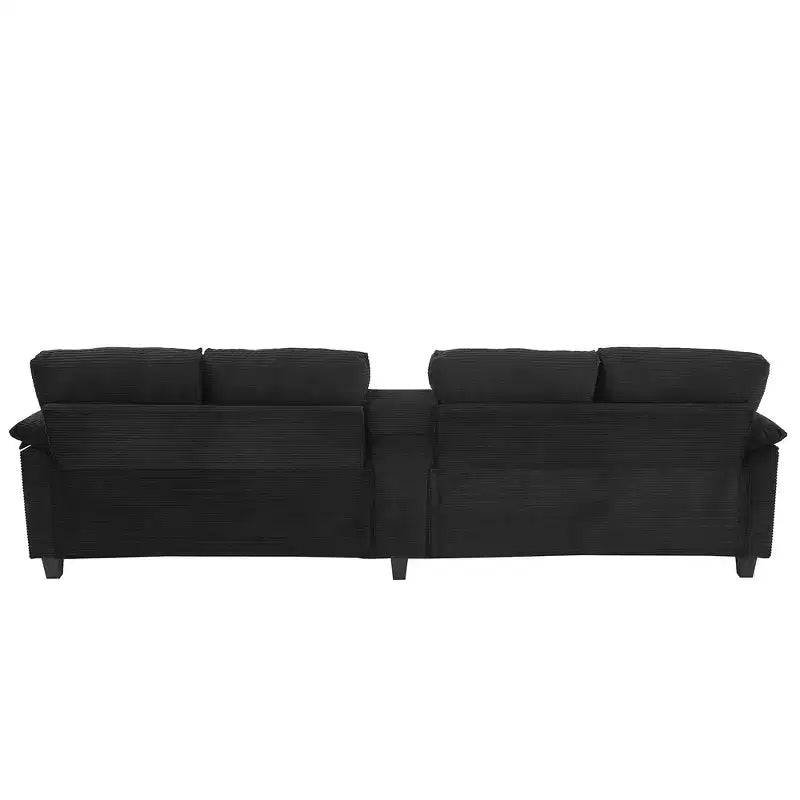 Divano componibile moderno a U da 297 cm – Tessuto a coste, pouf contenitore e portabicchieri, 4 posti