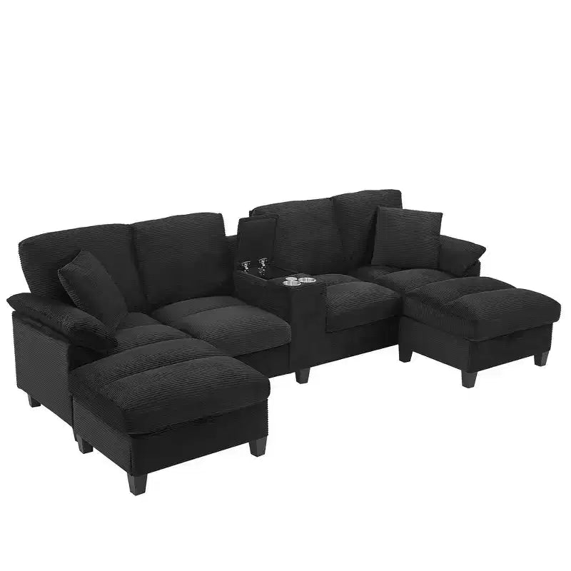 Divano componibile moderno a U da 297 cm – Tessuto a coste, pouf contenitore e portabicchieri, 4 posti