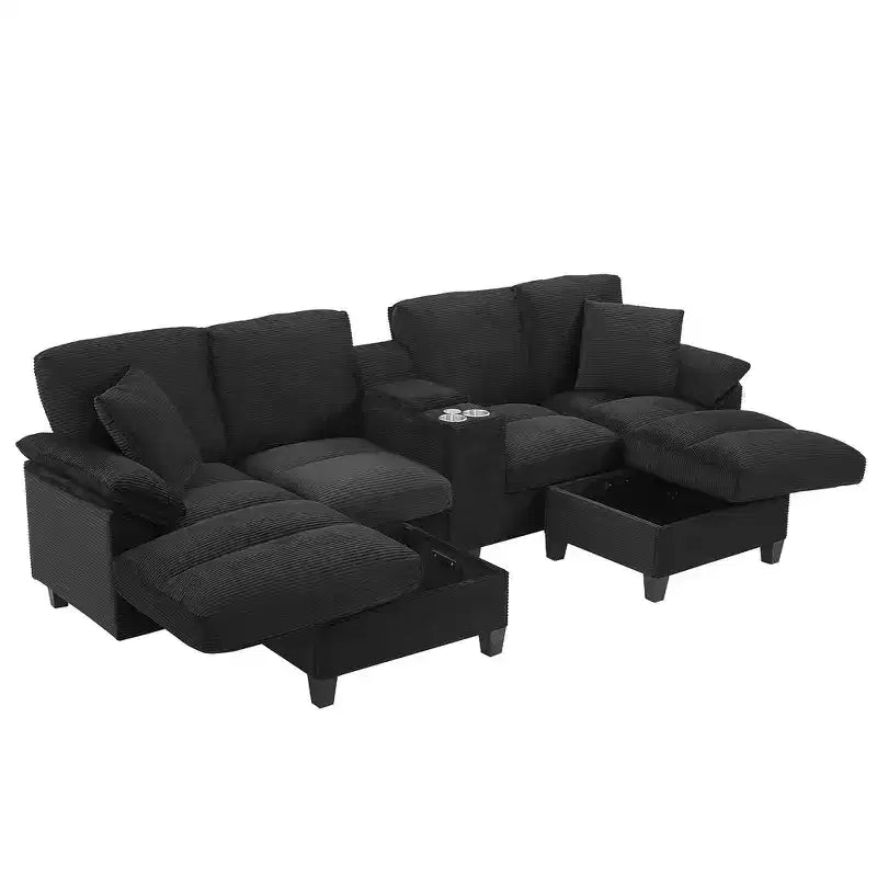Divano componibile moderno a U da 297 cm – Tessuto a coste, pouf contenitore e portabicchieri, 4 posti