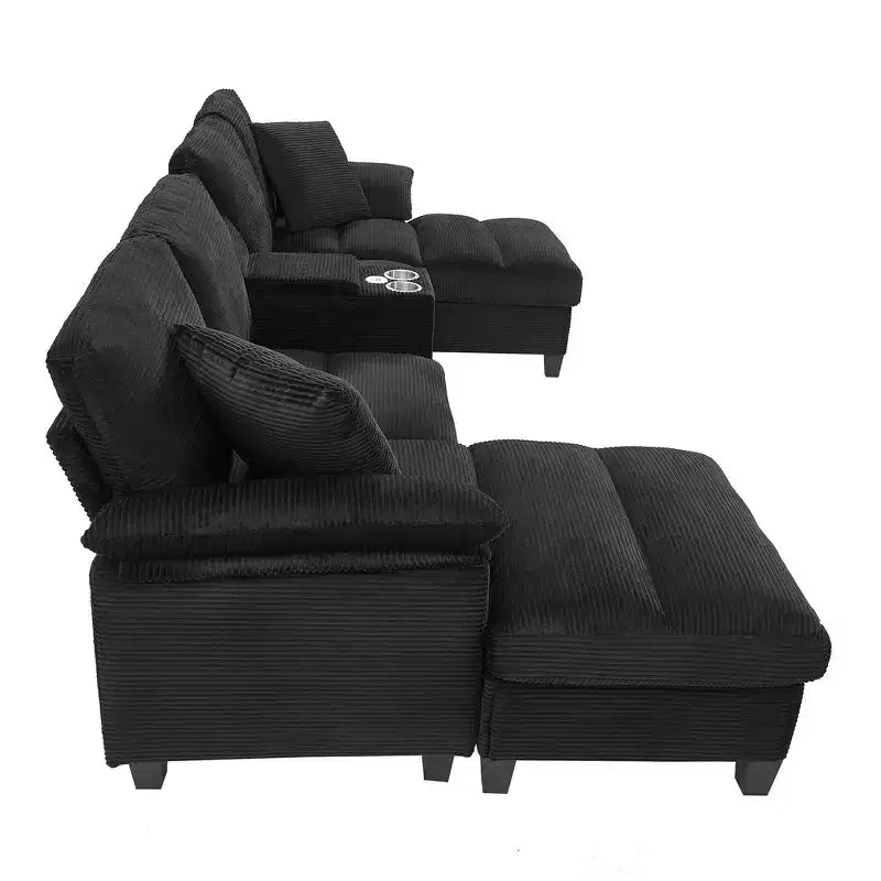 Divano componibile moderno a U da 297 cm – Tessuto a coste, pouf contenitore e portabicchieri, 4 posti
