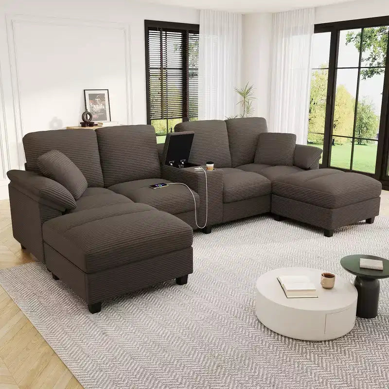 Divano componibile moderno a U da 297 cm – Tessuto a coste, pouf contenitore e portabicchieri, 4 posti