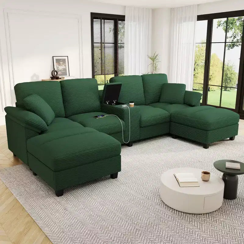Divano componibile moderno a U da 297 cm – Tessuto a coste, pouf contenitore e portabicchieri, 4 posti