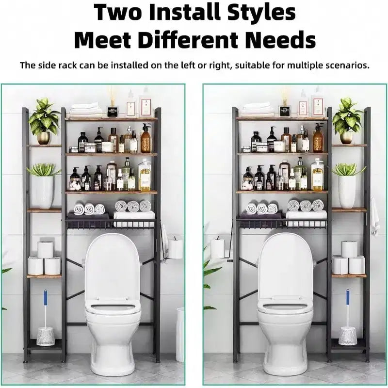 8 ripiani sopra il WC con cestello laterale, cestello di scarico con ripiano regolabile, organizer autoportante per il bagno e il balcone