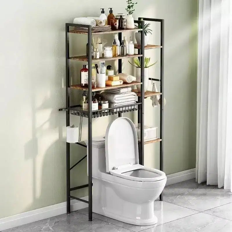 8 ripiani sopra il WC con cestello laterale, cestello di scarico con ripiano regolabile, organizer autoportante per il bagno e il balcone