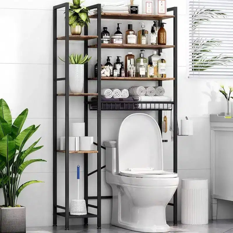 8 ripiani sopra il WC con cestello laterale, cestello di scarico con ripiano regolabile, organizer autoportante per il bagno e il balcone