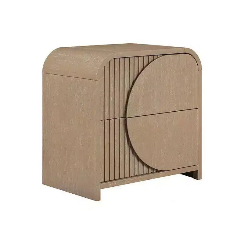 Comodino con 2 cassetti e pannelli scanalati – Legno di caucciù marrone naturale, porte di ricarica USB