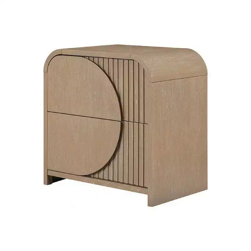 Comodino con 2 cassetti e pannelli scanalati – Legno di caucciù marrone naturale, porte di ricarica USB