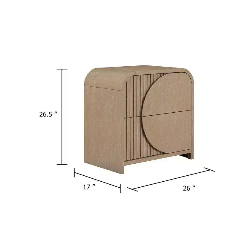 Comodino con 2 cassetti e pannelli scanalati – Legno di caucciù marrone naturale, porte di ricarica USB