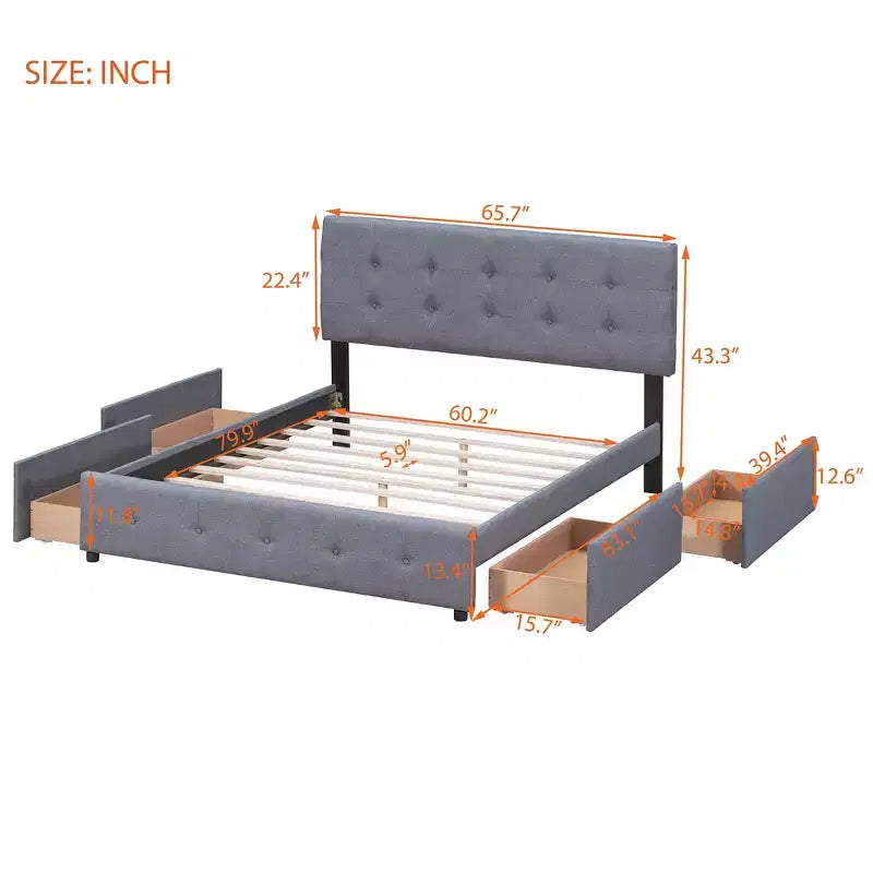Letto a piattaforma imbottito queen size con testiera trapuntata a bottoni e 4 cassetti contenitore