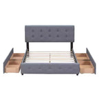 Letto a piattaforma imbottito queen size con testiera trapuntata a bottoni e 4 cassetti contenitore