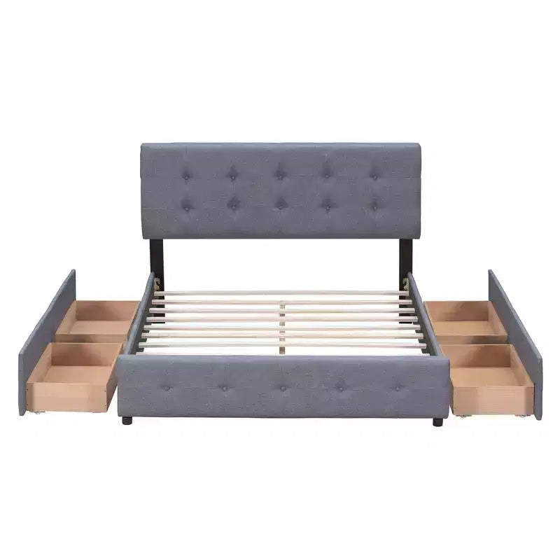 Letto a piattaforma imbottito queen size con testiera trapuntata a bottoni e 4 cassetti contenitore