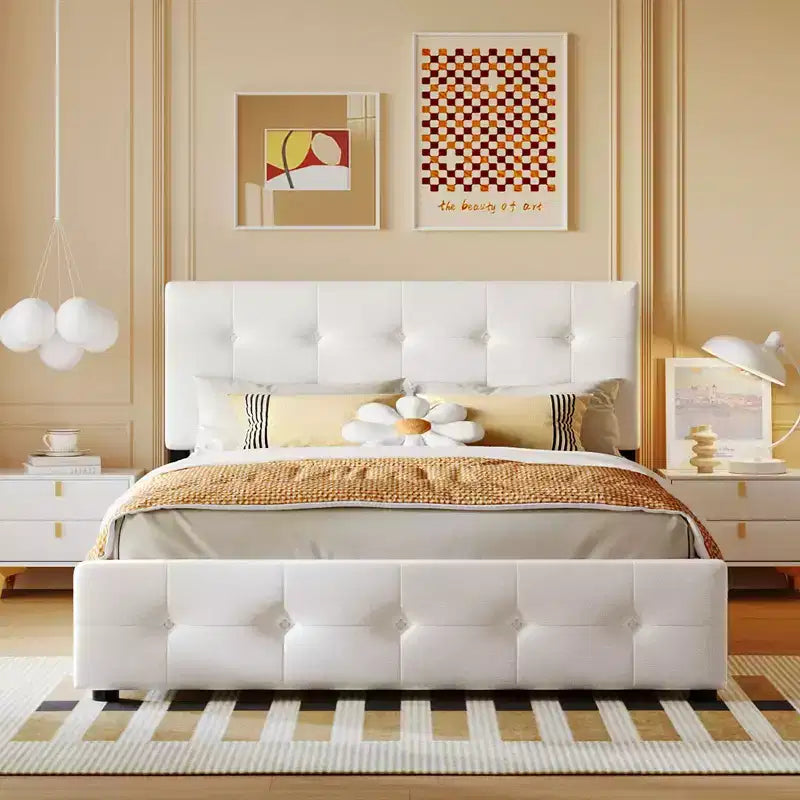 Letto a piattaforma imbottito queen size con testiera trapuntata a bottoni e 4 cassetti contenitore