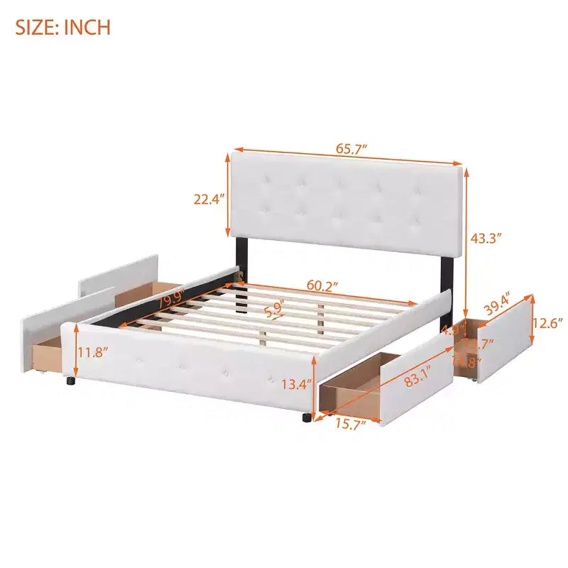 Letto a piattaforma imbottito queen size con testiera trapuntata a bottoni e 4 cassetti contenitore