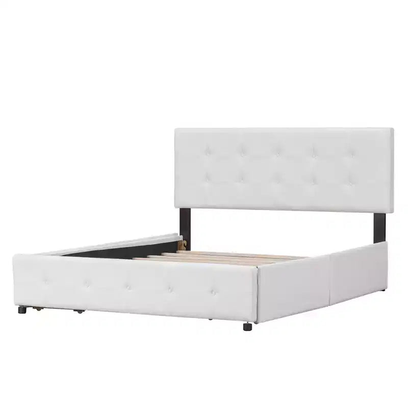 Letto a piattaforma imbottito queen size con testiera trapuntata a bottoni e 4 cassetti contenitore