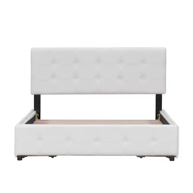 Letto a piattaforma imbottito queen size con testiera trapuntata a bottoni e 4 cassetti contenitore