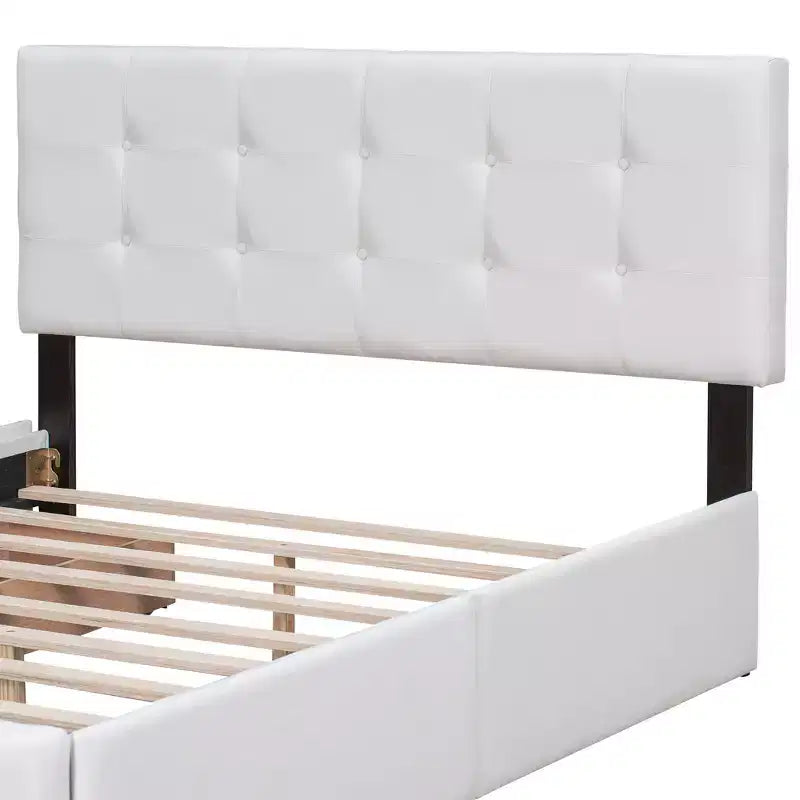 Letto a piattaforma imbottito queen size con testiera trapuntata a bottoni e 4 cassetti contenitore