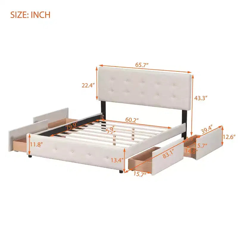 Letto a piattaforma imbottito queen size con testiera trapuntata a bottoni e 4 cassetti contenitore