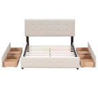 Letto a piattaforma imbottito queen size con testiera trapuntata a bottoni e 4 cassetti contenitore