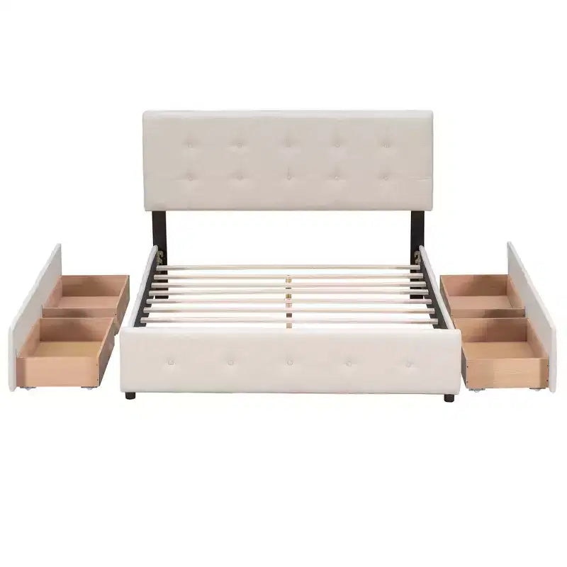 Letto a piattaforma imbottito queen size con testiera trapuntata a bottoni e 4 cassetti contenitore