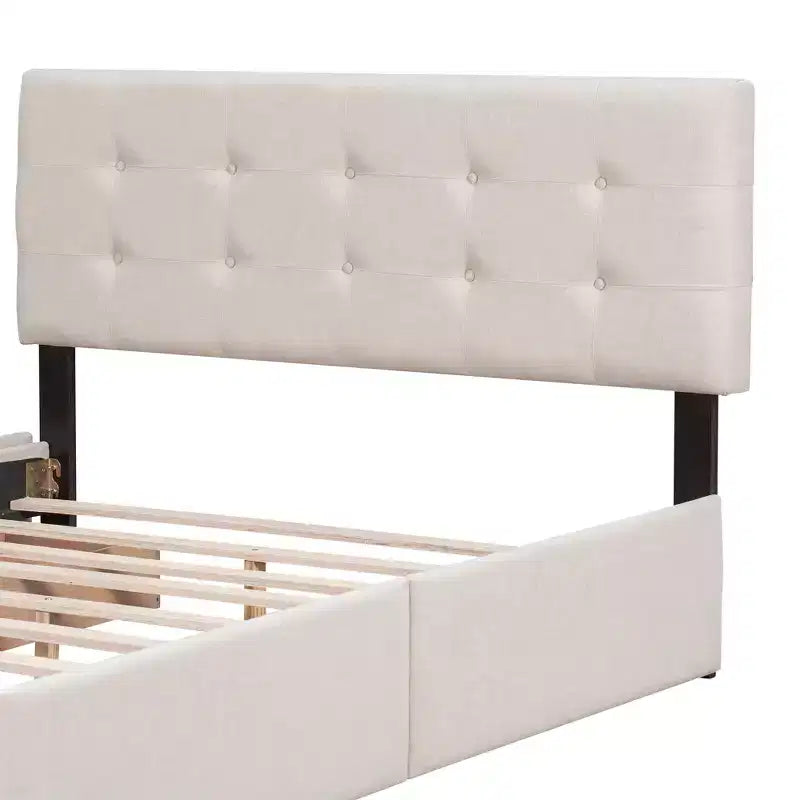 Letto a piattaforma imbottito queen size con testiera trapuntata a bottoni e 4 cassetti contenitore