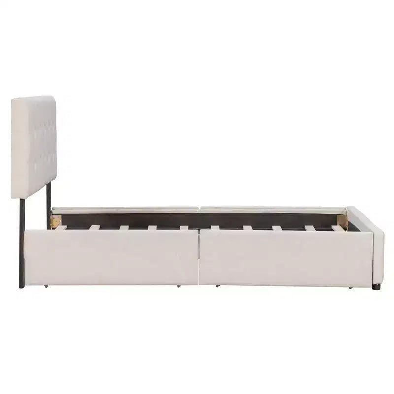 Letto a piattaforma imbottito queen size con testiera trapuntata a bottoni e 4 cassetti contenitore