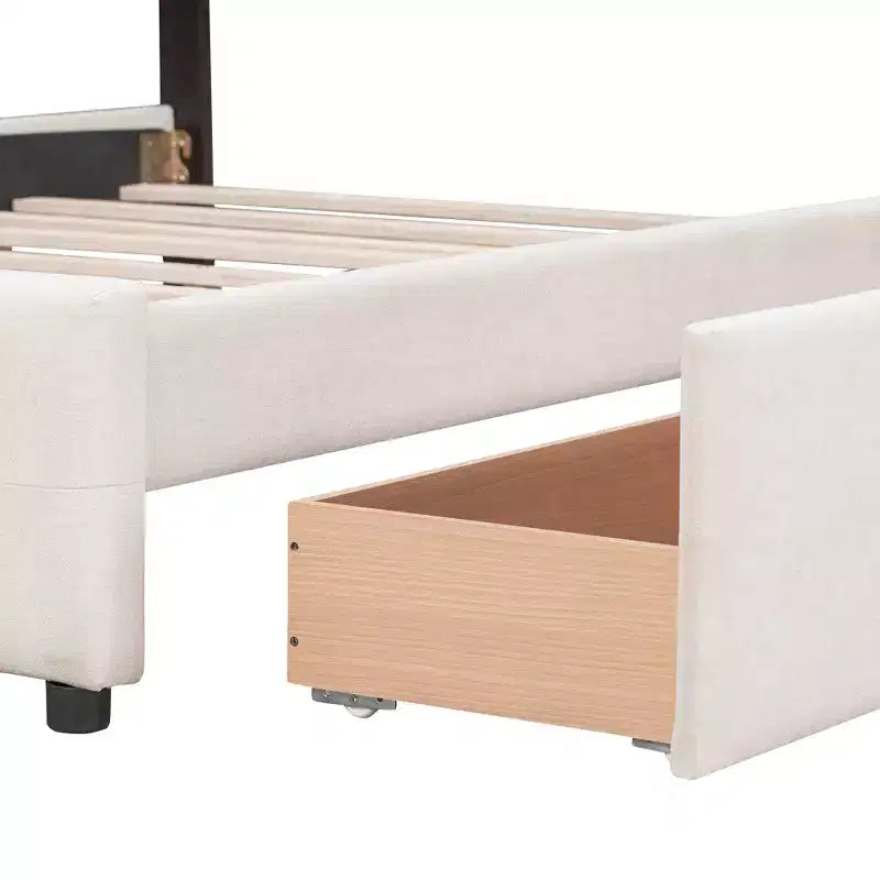 Letto a piattaforma imbottito queen size con testiera trapuntata a bottoni e 4 cassetti contenitore
