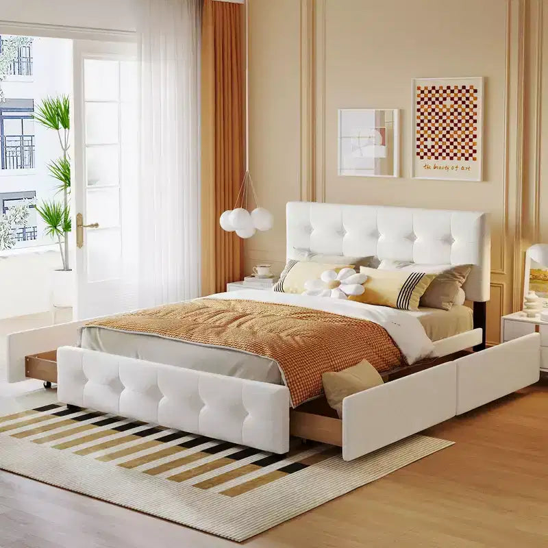 Letto a piattaforma imbottito queen size con testiera trapuntata a bottoni e 4 cassetti contenitore