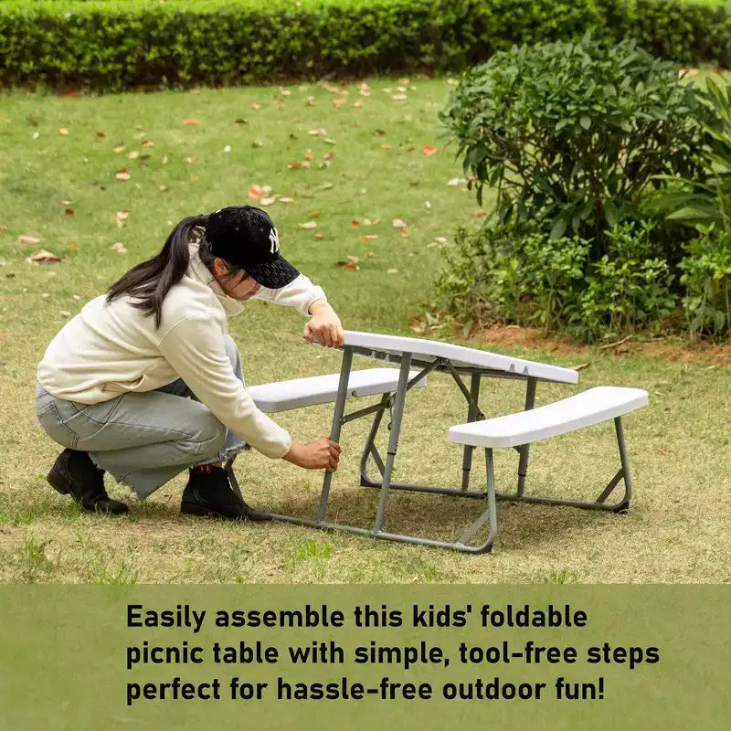 Tavolo da Picnic Pieghevole Bianco per Bambini, Panca da Esterno Portatile per Bambini, Tavolo da Giardino, per Creare, Mangiare e Giocare sul Patio