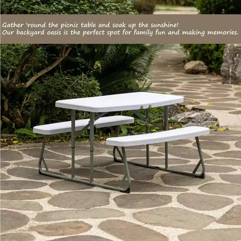 Tavolo da Picnic Pieghevole Bianco per Bambini, Panca da Esterno Portatile per Bambini, Tavolo da Giardino, per Creare, Mangiare e Giocare sul Patio