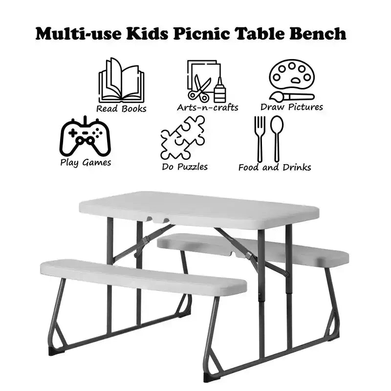 Tavolo da Picnic Pieghevole Bianco per Bambini, Panca da Esterno Portatile per Bambini, Tavolo da Giardino, per Creare, Mangiare e Giocare sul Patio