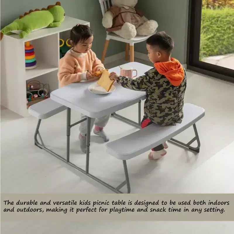 Tavolo da Picnic Pieghevole Bianco per Bambini, Panca da Esterno Portatile per Bambini, Tavolo da Giardino, per Creare, Mangiare e Giocare sul Patio