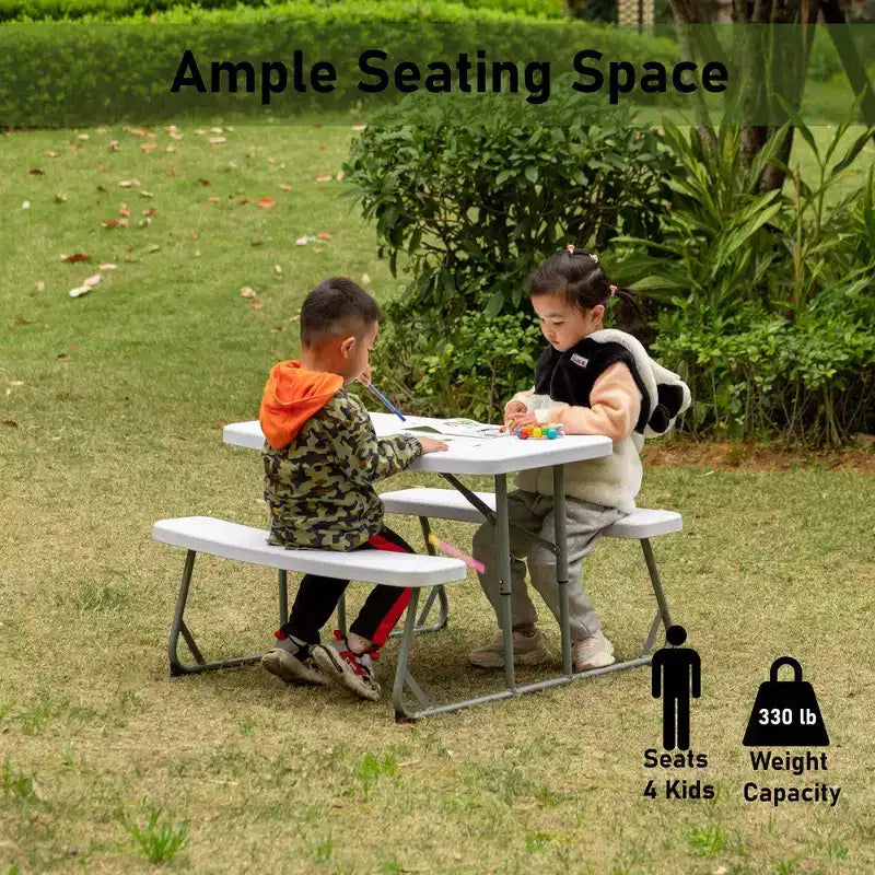 Tavolo da Picnic Pieghevole Bianco per Bambini, Panca da Esterno Portatile per Bambini, Tavolo da Giardino, per Creare, Mangiare e Giocare sul Patio