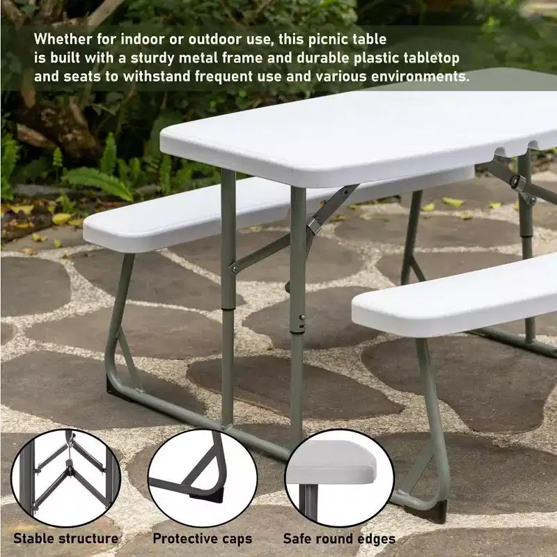 Tavolo da Picnic Pieghevole Bianco per Bambini, Panca da Esterno Portatile per Bambini, Tavolo da Giardino, per Creare, Mangiare e Giocare sul Patio