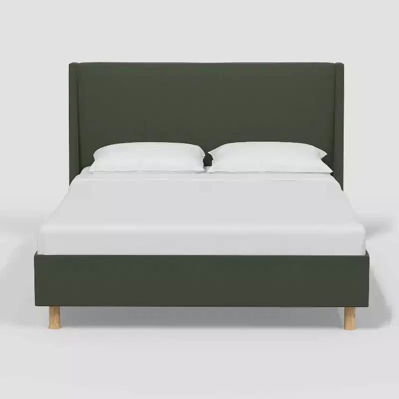 Letto imbottito con testiera ad alette e piattaforma in velluto classico secco – Struttura in pino, nessun box spring necessario