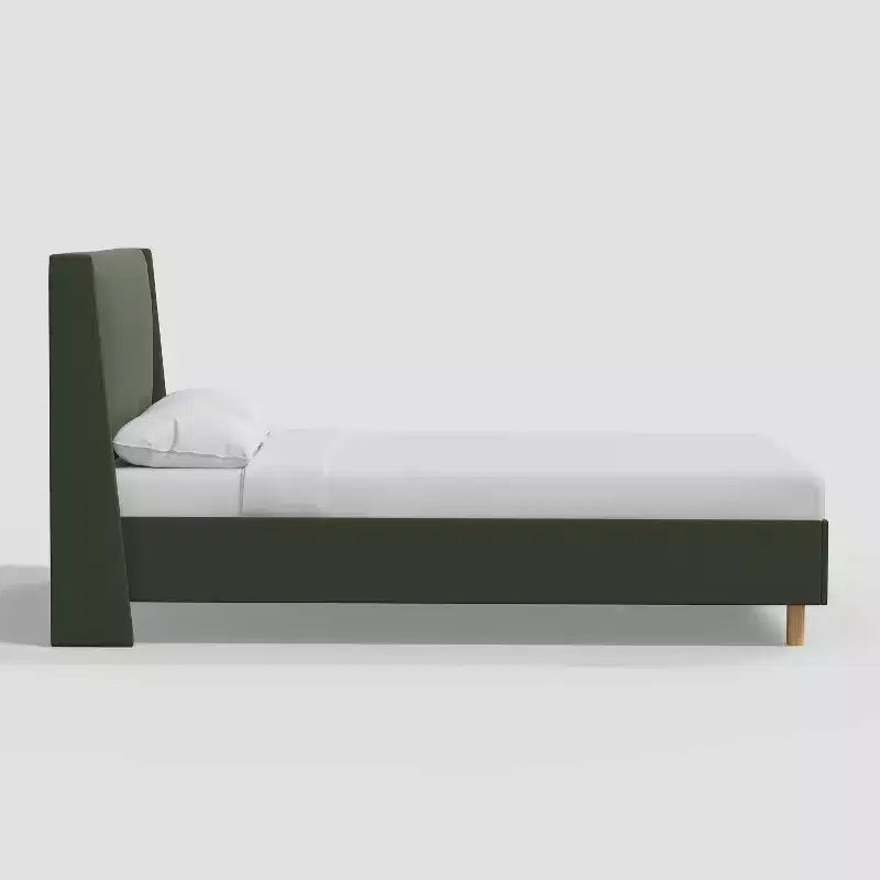 Letto imbottito con testiera ad alette e piattaforma in velluto classico secco – Struttura in pino, nessun box spring necessario